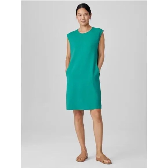 Eileen Fisher Pima Cotton Stretch Jersey Round Neck Dress Seastar Green MEDIUM - Picture 1 of 15